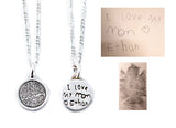 Handwriting and Fingerprint on a Bordered Circle Shaped Silver Pendant