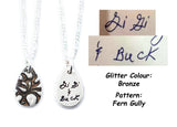 Small Glittery Handwriting Necklace - Memorial Jewelry, Teardrop shape with Colour and Design