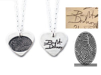 Actual Writing Signature and Fingerprint on a Silver Symmetrical Heart Shape Pendant