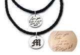 Your Loved One's Actual Handwriting on a Double Sided Silver Circle Shape Pendant - Leather Necklace