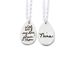 Your Loved One's Actual Handwriting on a Double Sided Silver Tear Drop Shape Pendant