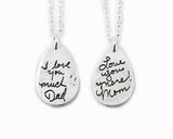Your Loved One's Actual Handwriting on a Double Sided Silver Tear Drop Shape Pendant