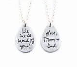 Your Loved One's Actual Handwriting on a Double Sided Silver Tear Drop Shape Pendant