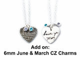 Actual Writing Signature and Fingerprint on a Silver Symmetrical Heart Shape Pendant