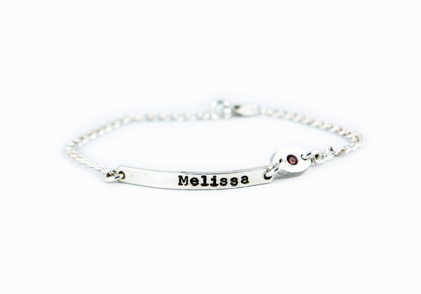 ID Bracelet with Birthstone - Sterling Silver Stamped Bar