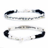 Latitude and Longitude Coordinates Bracelet - hand braided Genuine Leather and Sterling