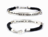 Latitude and Longitude Coordinates Bracelet - hand braided Genuine Leather and Sterling