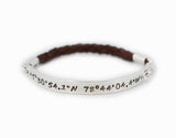 Latitude and Longitude Coordinates Bracelet - hand braided Genuine Leather and Sterling