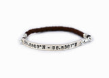Latitude and Longitude Coordinates Bracelet - hand braided Genuine Leather and Sterling