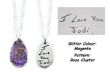 Small Glittery Handwriting Necklace - Memorial Jewelry, Teardrop shape with Colour and Design