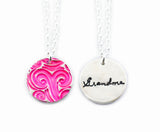 Actual Writing Signature and Colour Design on a Silver Circle Shape Pendant