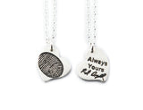 Actual Writing Signature and Fingerprint on a Silver Whimsical Heart Shape Pendant