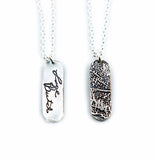Actual Writing Signature and Fingerprint on a Pill Shaped Silver Pendant