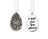 Actual Writing Signature and Fingerprint on a Silver Teardrop Shape Pendant