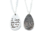 Actual Writing Signature and Fingerprint on a Silver Teardrop Shape Pendant