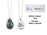 Small Glittery Handwriting Necklace - Memorial Jewelry, Teardrop shape with Colour and Design