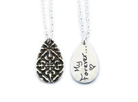 Actual Writing Signature and Design on a Silver Teardrop Shape Pendant