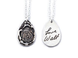 Actual Writing Signature and Design on a Silver Teardrop Shape Pendant