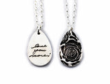 Actual Writing Signature and Design on a Silver Teardrop Shape Pendant