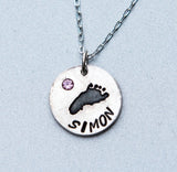 Keepsake Baby Footprint or handprint pendant with Name and Birthstone