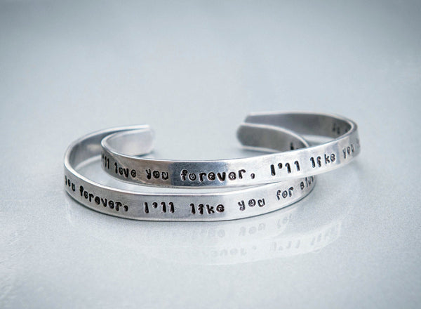I'll love you forever, I'll like you for always - open ended Aluminium cuff bracelets - gift set