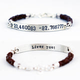 Latitude and Longitude Coordinates Bracelet - hand braided Genuine Leather and Sterling