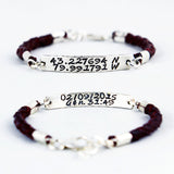 Latitude and Longitude Coordinates Bracelet - hand braided Genuine Leather and Sterling