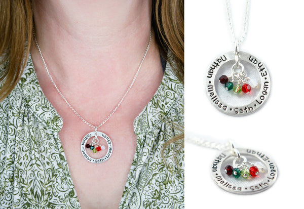 Circle With Family Names and hanging Swarovski Element Birthstone Beads Custom Necklace