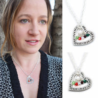 Heart With Family Names and hanging Swarovski Element Birthstone Beads Custom Necklace
