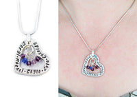 Heart With Family Names and hanging Swarovski Element Birthstone Beads Custom Necklace