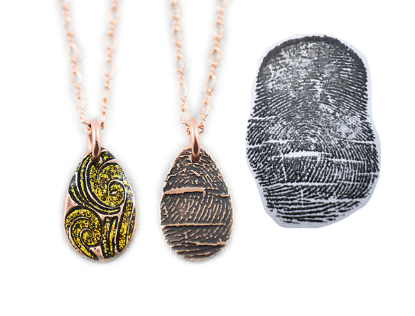 Small Glittery Fingerprint Bronze Necklace - Memorial Jewelry, Teardrop shape with Colour and Design