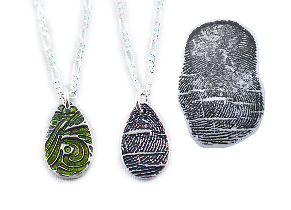Small Glittery Fingerprint Necklace - Memorial Jewelry, Teardrop shape with Colour and Design