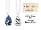 Small Glittery Handwriting Necklace - Memorial Jewelry, Teardrop shape with Colour and Design