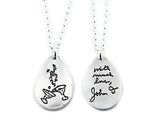 Your Loved One's Actual Handwriting on a Double Sided Silver Tear Drop Shape Pendant