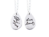 Your Loved One's Actual Handwriting on a Double Sided Silver Tear Drop Shape Pendant