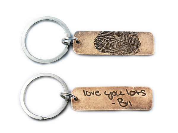 Rectangle Actual HANDWRITING and Fingerprint Keychain Memorial Jewelry - Double Sided Bronze Keychain