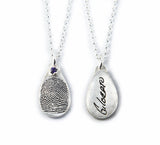 Fingerprint and Handwriting Necklace - Teardrop Shaped Pendant with birthstone