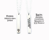 Silver Medical Alert Bar Necklace with Information on the Back