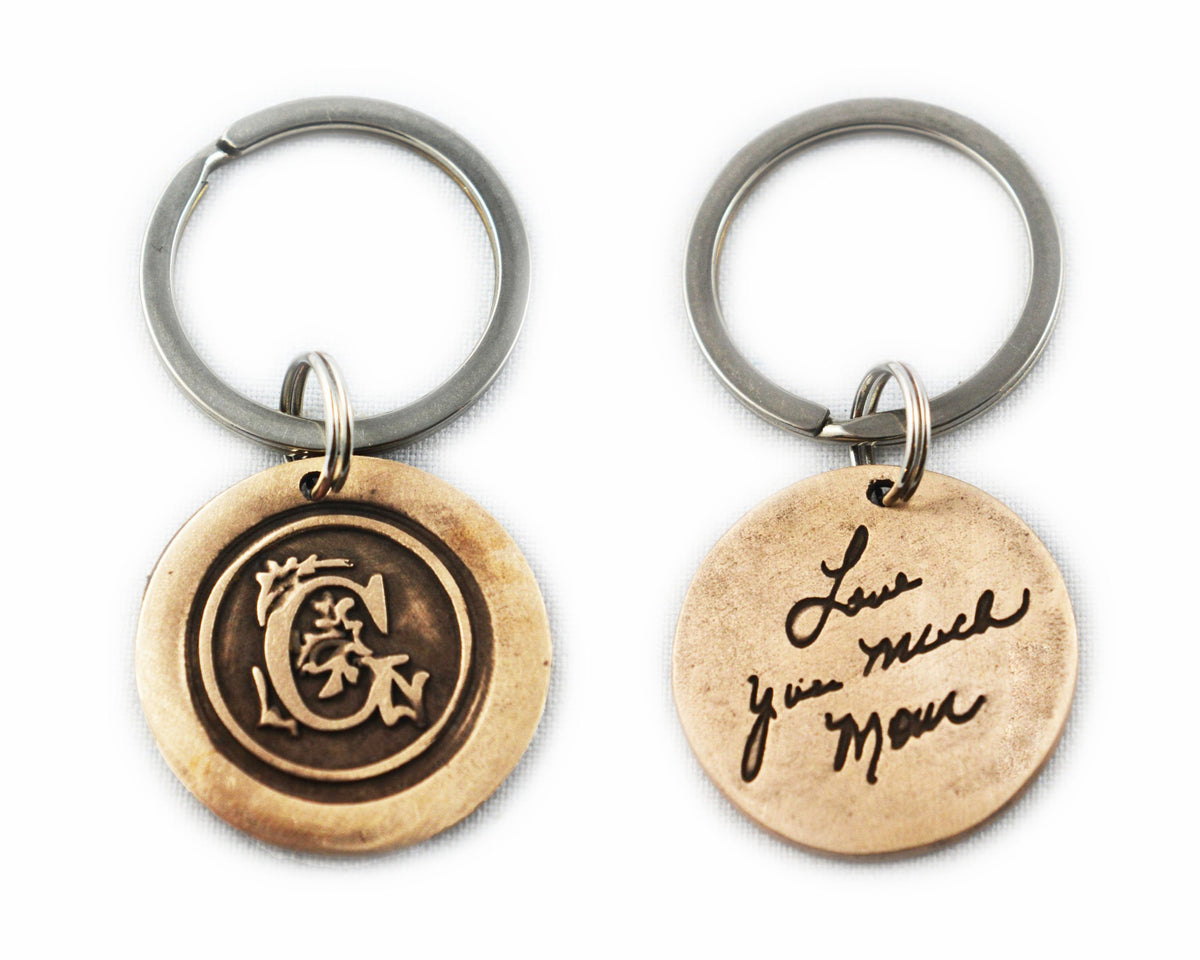 Actual HANDWRITING Keychain - Monogram Design & Handwriting Bronze Cir ...