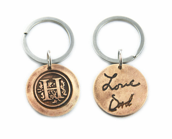 Actual HANDWRITING Keychain - Monogram Design & Handwriting Bronze Cir ...