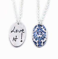 Glittery Handwriting Necklace - Memorial Jewelry, Oval shape with Colour and Design