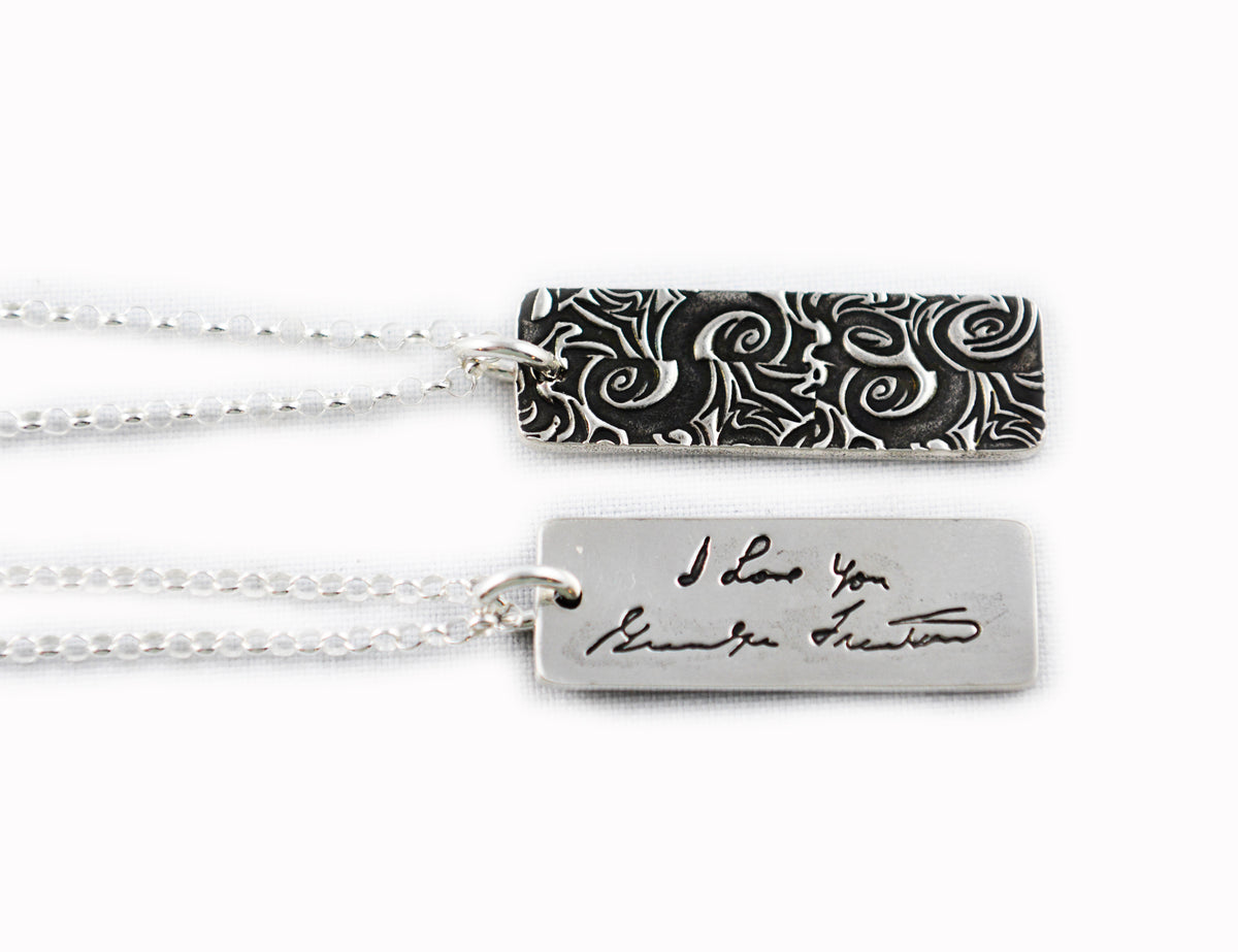 Actual Writing Signature and Design on a Silver Rectangle Shape Pendan ...