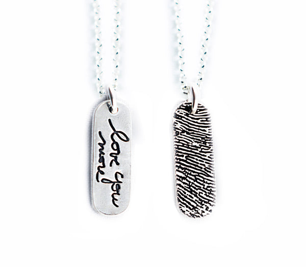 Actual Writing Signature and Fingerprint on a Pill Shaped Silver Pendant