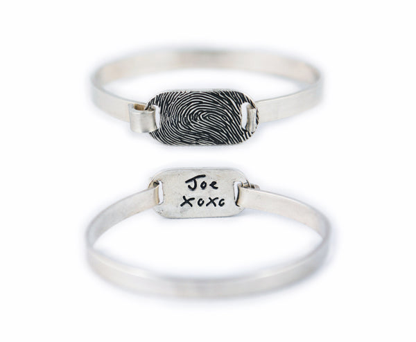 Thick Fingerprint and Handwriting Tension Sterling Silver Bracelet - Memorial Jewelry