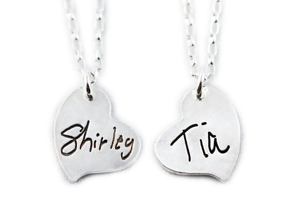 Your Loved One's Actual Handwriting on a Double Sided Silver Heart Shape Pendant