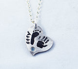 Handprint and Footprint Necklace - Silver Pendant with Birthstone and Name